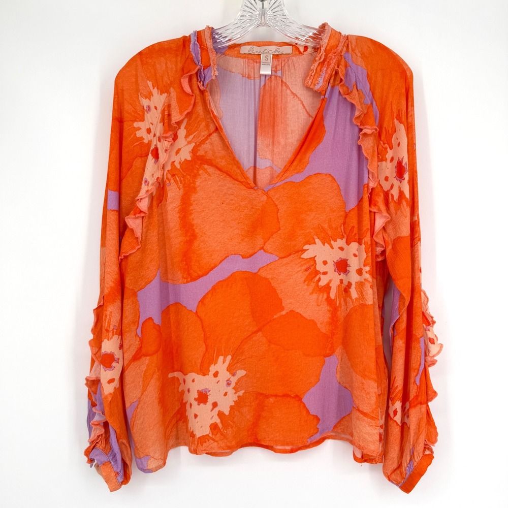 Hutch Multi Floral Peasant Top Orange Lavender Ruffle V-Neck Rayon Long Sleeve S